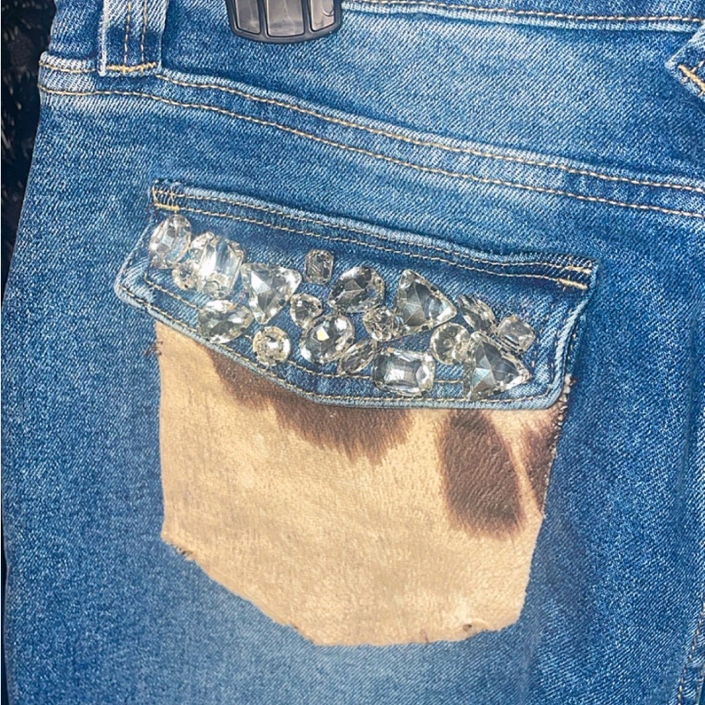 Cow Print Jeans with Rhinestone Trim - Picture 3 of 7